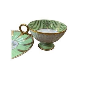 Vintage Royal Sealy Teacup & Saucer Mint Green Gold Iridescent Roses Japan Rare